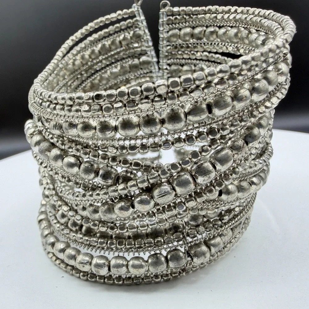 Silver Tone Multi Strand Beaded Wire Cuff Bracelet Boho Statement Festival Gift